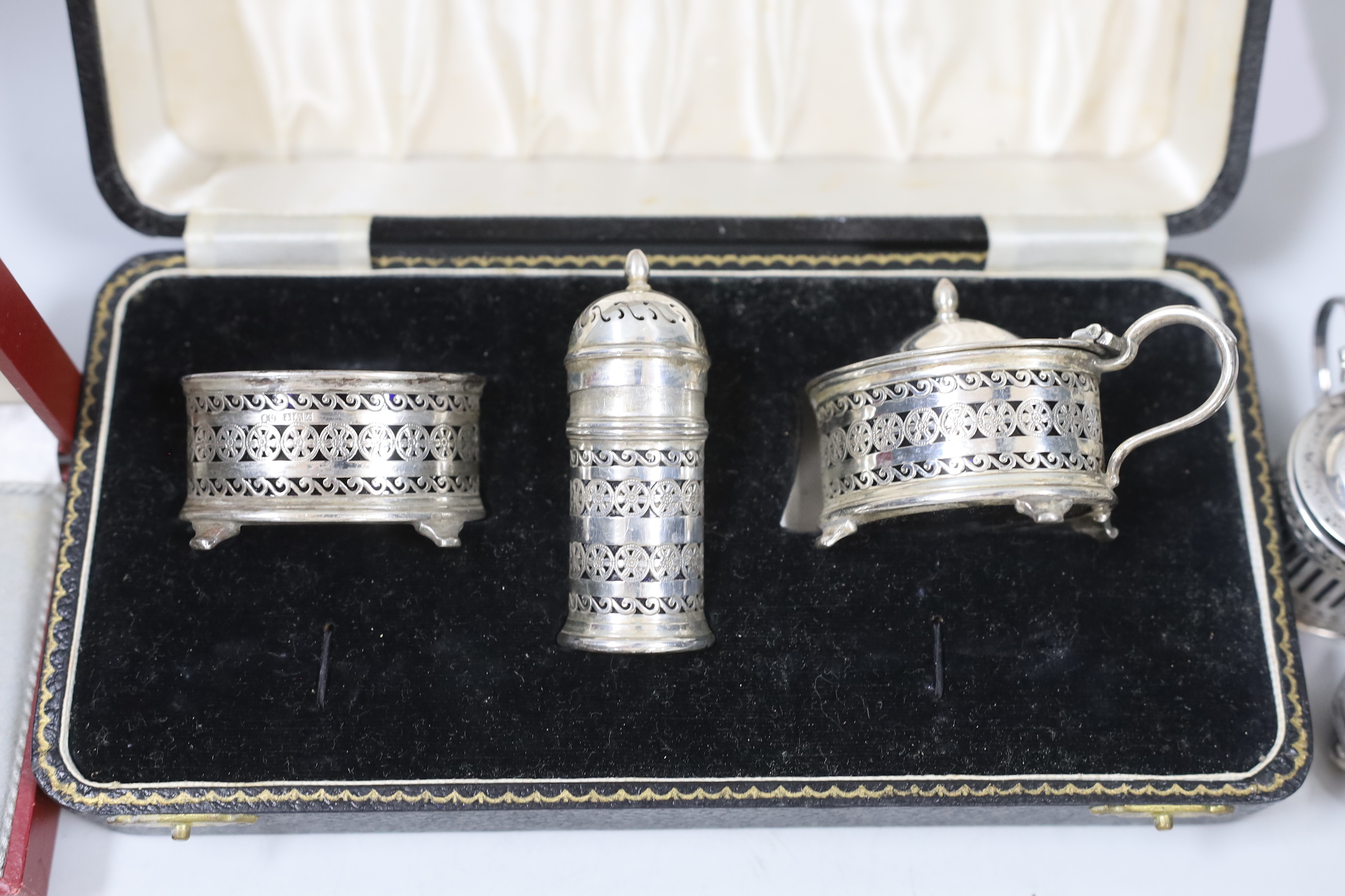 A modern cased silver three piece condiment set, a similar Danish enamelled sterling set (a.f.) and three other condiments including Chinese.